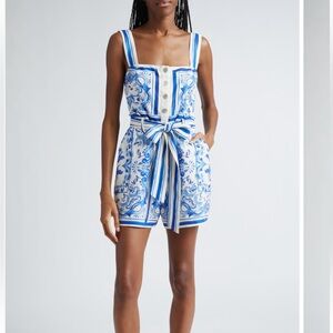 Farm Rio Garden Tiles Tie Belt Button Front Linen Blend Romper